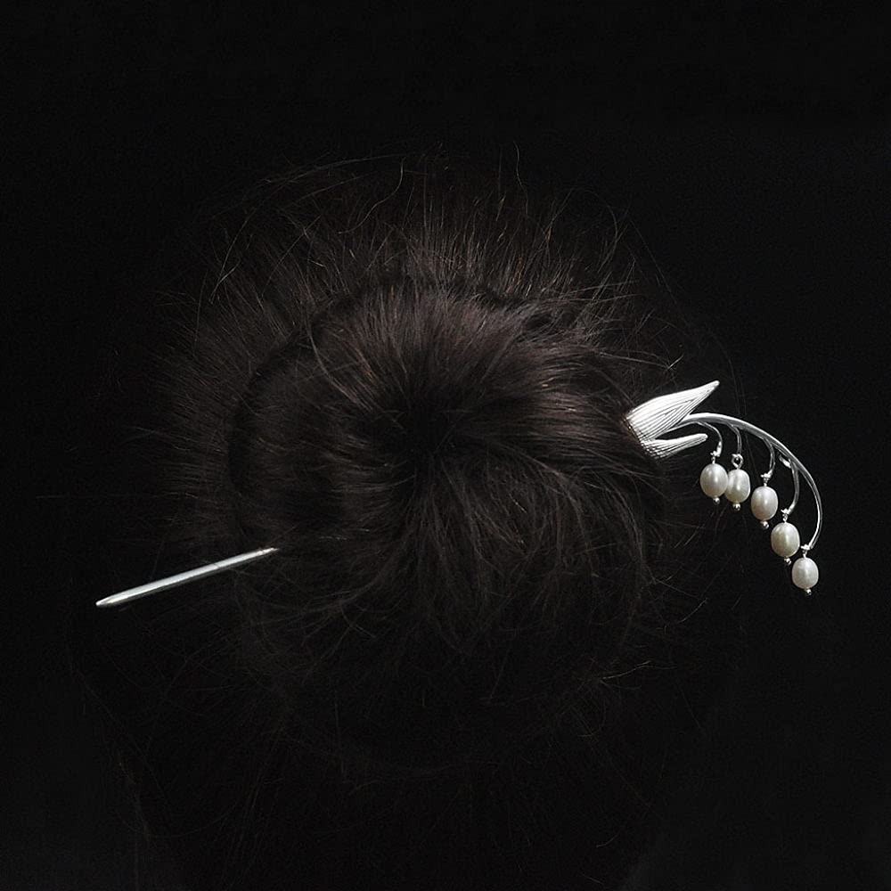 Gioielli per capelli cinesi, Bastoncini for capelli cinesi in argento 925 for capelli lunghi da donna, ciondolo con perla e ramo di fiori, spilla antica fatta a mano, squisiti accessori for capelli vi