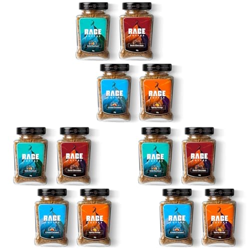 Image of Rage Coffee Combo Pack of 12 - Irish Hazelnut & Dark Chocolate & Creme Caramel & Sparky Orange Flavoured Ground Coffee 50 Gms Each, Glass Bottle