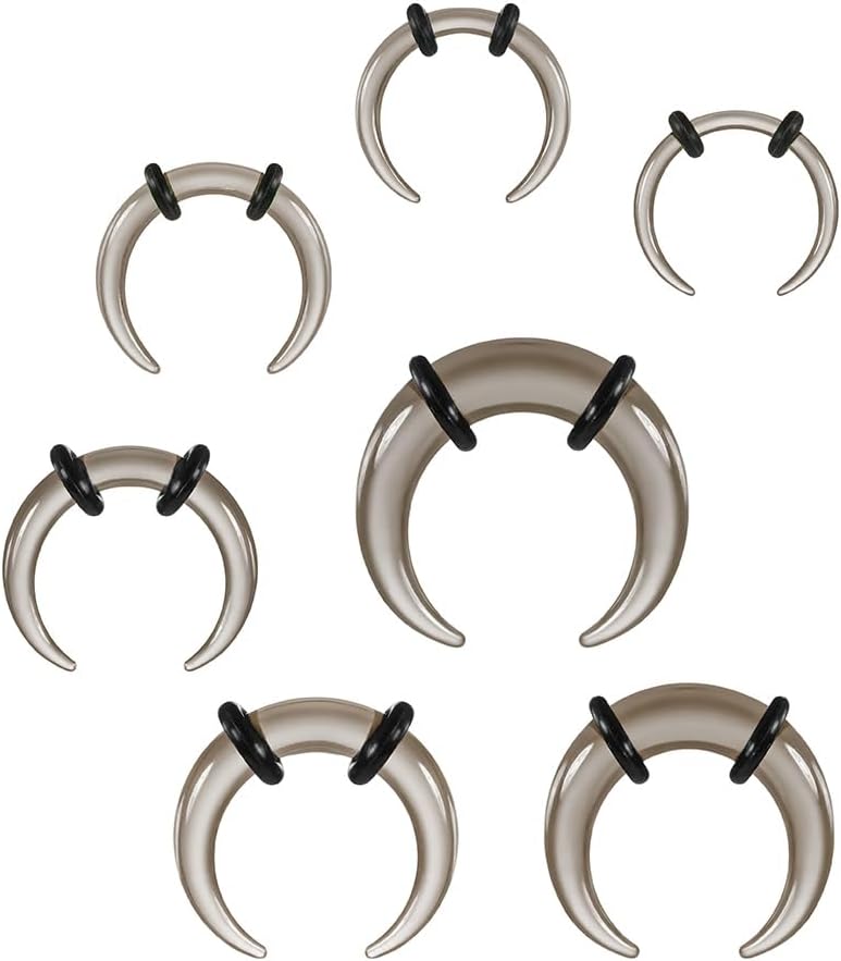 7Pcs Glass Septum Stretching Kit Set - C Shape Pincher Tapers with O-Rings, 14G to 2G, Buffalo Septum Retainers Rings for Nose & Ear Piercing Jewelry