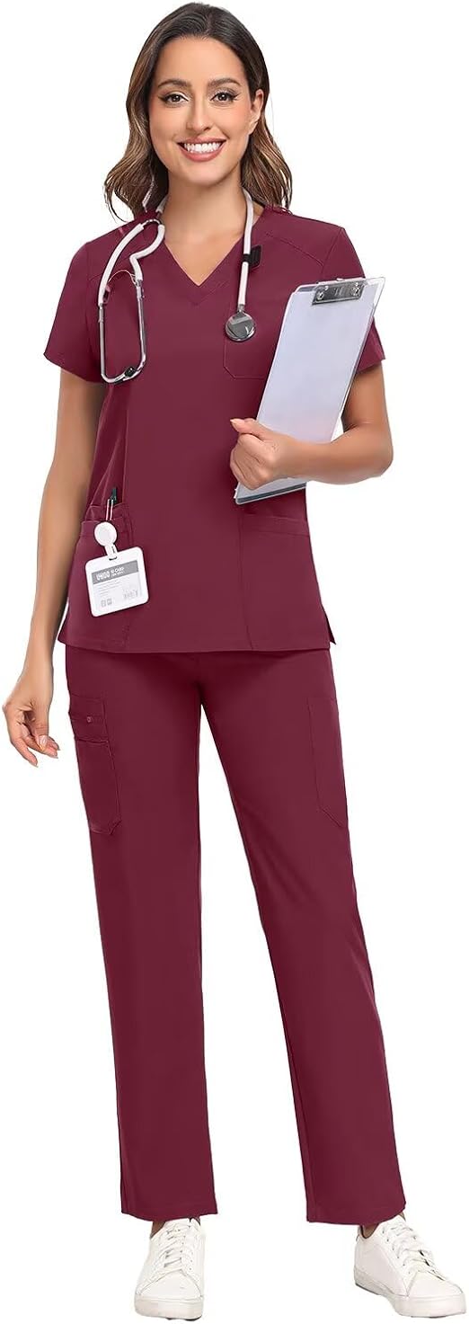 Scrubs for Women Sets, Stretch V-Neck Scrub Top & Cargo Pants with Multi Pockets, Anti-Wrinkle