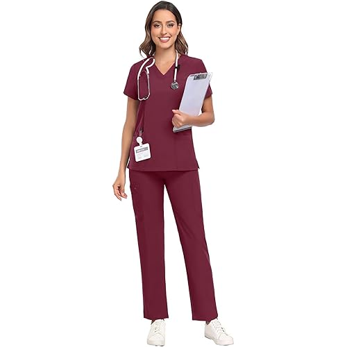 Scrubs for Women Sets, Stretch V-Neck Scrub Top & Cargo Pants with Multi Pockets, Anti-Wrinkle