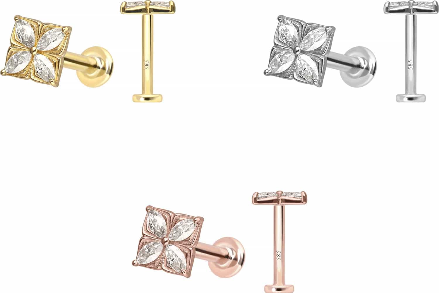 PIERCINGLINE Piercing Stecker 14 Gold Labret mit Innengewinde MOISSANIT-BLUME 585er Gold - Roségoldfarben, Goldfarben, Silberfarben