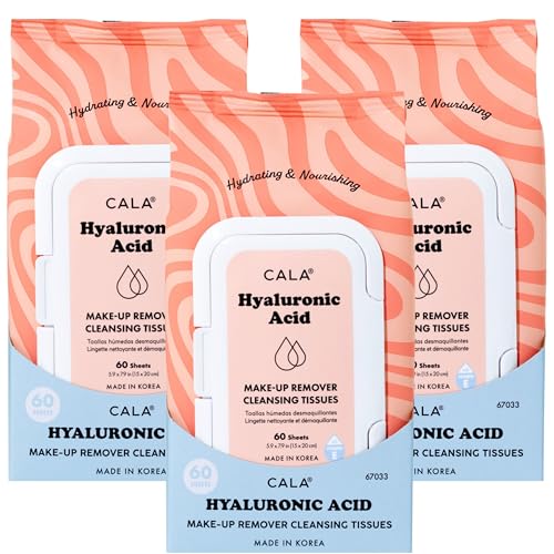 CALA Makeup Remover Cleansing Tissues: Hyaluronic Acid (60 Sheets) - Hydrating, Gentle Wipes for a Smooth, Radiant Complexion, Safe for All Skin Types (180 count, Pack of 3)