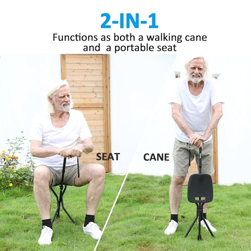 Image of REHAND Walking Cane with Seat,Lightweight Foldable, Adjustable, Collapsible Canes with Stool for Men & Women, Heavy Duty All Terrain Tip, Portable Walking Stick Chair for Seniors & Adults