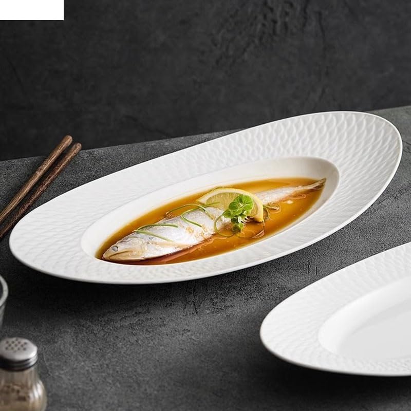 Plato de Pescado de cerámica con Textura escamosa, Plato de Postre Ovalado, Plato de Dim Sum, Plato de Sushi, vajilla, Platos para la Cena (tamaño único de 19,4 Pulgadas)