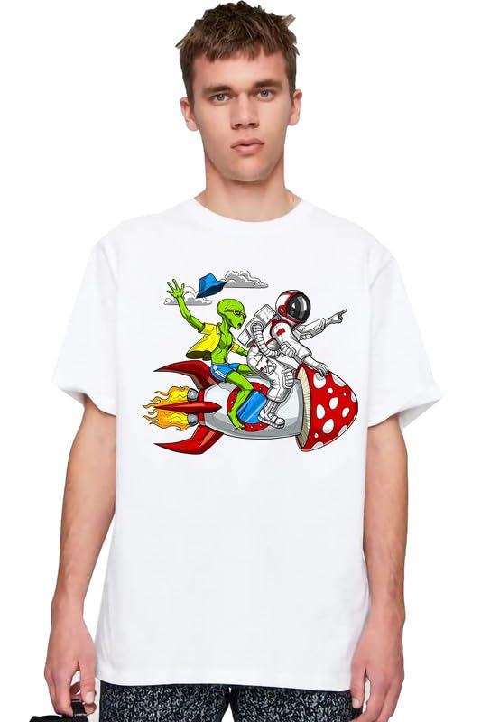 VLAMFunny Cartoon Astronaut Alien on Rocket Unique Anime Design Tshirt