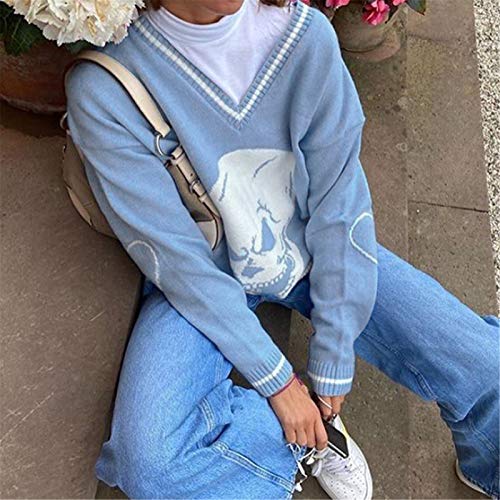 Women Casual Long Sleeve Knitted Sweaters Streetwear Oversized Chunky Pullover Argyle Plaid Knit Jumper Tops (D Blue Skull, M) #TOP4