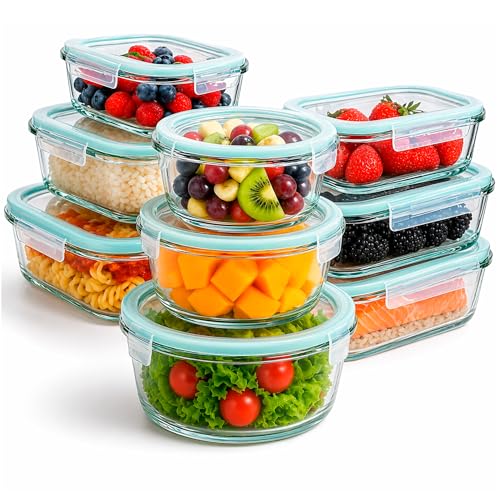 edihome, Boîte Alimentaire Hermétique en Verre, 8, 14 ou 18 pièces, pour aliments hermétiques, Résistant au lave-vaisselle, Rangement Cuisine, sans BPA, certifié FDA (9 récipients)