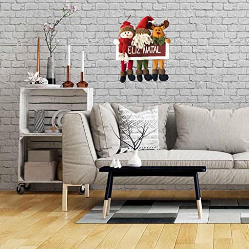 Placa Feliz Natal Madeira Papai Noel, Boneco de Neve e Rena Pelúcia Premium 34cm