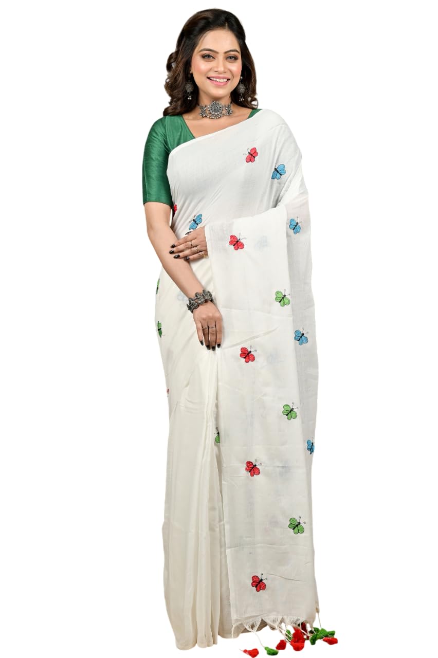 DipDiya Blended Cotton Handloom Saree with Hand Embroidery, 5.5 Meters with 0.8 Meter Blouse Piece, Traditional Bengali Design with Tassel Border-picture-16