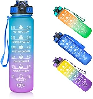 Water Bottle with straw, 1L, BPA Free Tritan Material, Leakproof design with Motivational quotes & Time Markings suitable for School/Outdoors/Cycling/Gym/Office (Blue Pink)