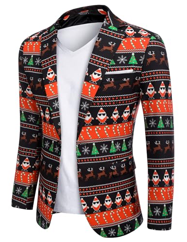 COOFANDY Christmas Blazer Men Reindeer Holiday Blazers Santa Blazer Jacket (Christmas Blazer - Cool Santa Claus L)