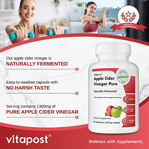 Vitapost Apple Cider Vinegar Pure Apple Cider Vinegar Capsules With Naturally Fermented 1300Mg Apple Cider Vinegar Concentrate. No Harsh Taste. 60 Capsules #TOP2