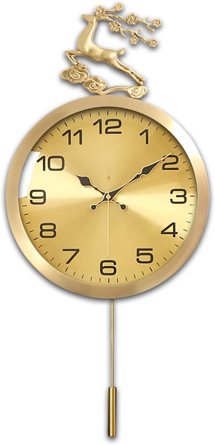 Aero Snail 12.6 Inch Wall Clock with Swinging Pendulum, Battery Operated, Victoria Style, Gold Reindeer Figurine, Silent Non Ticking for Home Decor