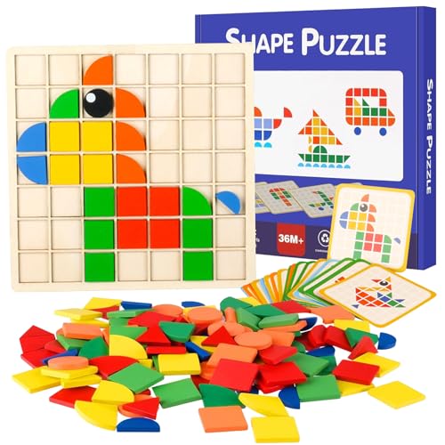 150pcs Kreative Mosaik-Puzzle, Montessori Spielzeug ab 3 4 5 6 Jahre, Hölzerne Muster Blöcke Set, Tangram Kinder, Montessori Puzzle, Geometrische Formen Holzpuzzles, Lernspielzeug Geschenk für Kinder