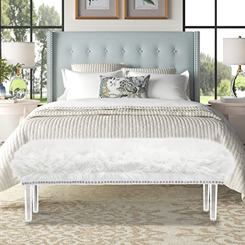 Maslier White Faux Fur Ottoman Long Bench Upholstered Bed Bench Foot Rest Stool Contemporary Long Ottoman(White With Acrylic Legs) #TOP4