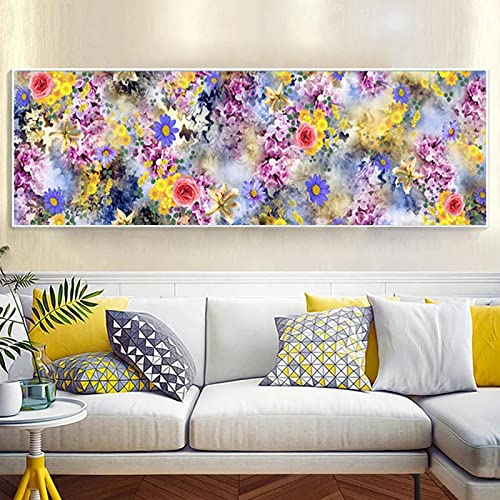 Peinture toile fleurs romantiques rose grand format 50x150cm sans cadre