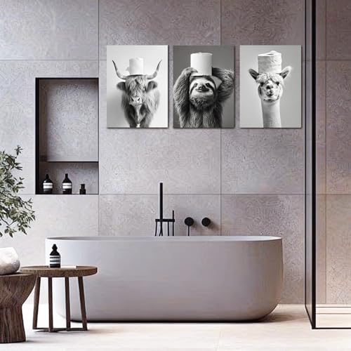 Alptiny Lustige Wandbilder Badezimmer 3er Set 30×40 cm – Schwarz Weiß Tiermotive mit Toilettenpapier, WC Bilder für Gäste WC, Badezimmer Deko Wandbild