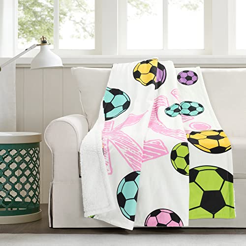 Lush Decor Girls Soccer Kick Sherpa Throw Blanket Single 50" L x 60" W White & Turquoise - Soccer Blanket for Kids - Sports Decor - Fleece Throw Blankets