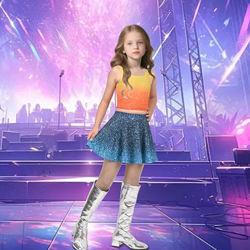 Image of Sunny Fashion Girls 2 Piece Top Tank Gradient Orange Skirt Sparkle Show Music