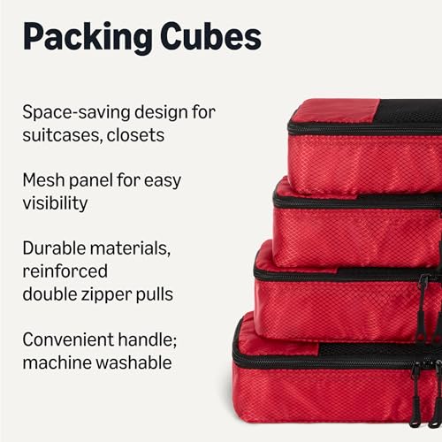 Image of Amazon Essentials 4-Piece Space-Saving Packing Cubes Travel Accessories Set, Luggage Organizer with Double Zipper, Mesh Top, Polyester, Slim, Red (Previously Amazon Basics)