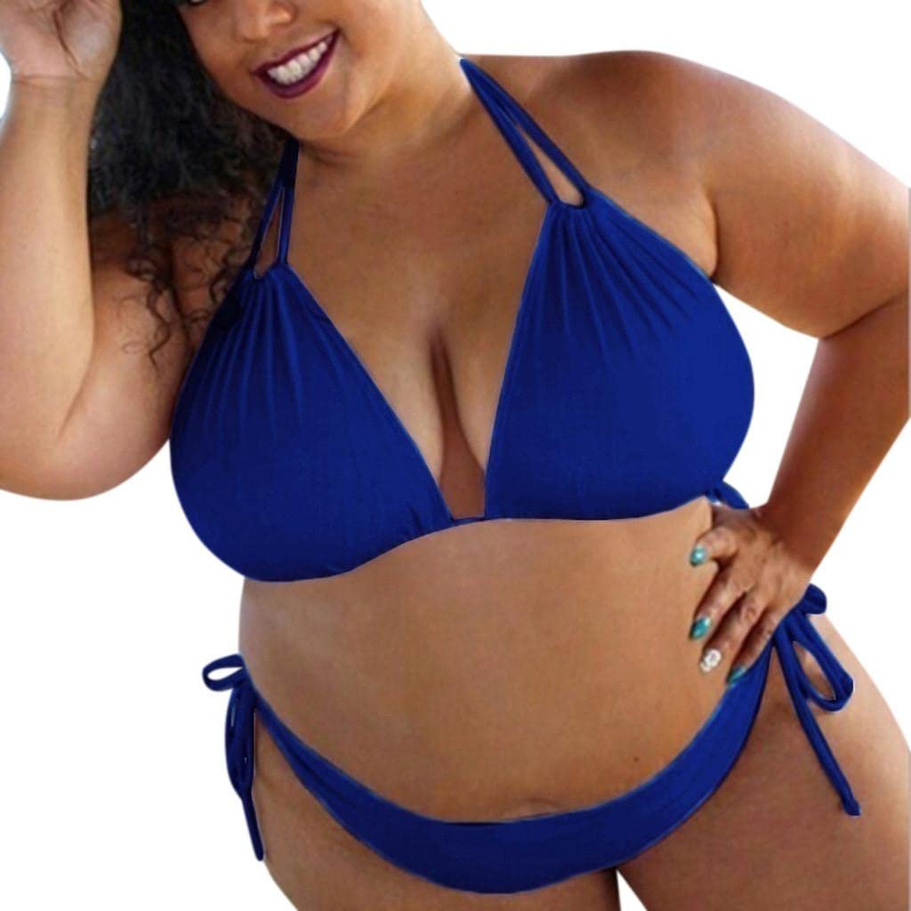 Bluelucon Bañador sexy monocolor de dos piezas para mujer, sujetador triangular, bikini de talla grande con atado lateral, braguitas para el cuello, triángulo acolchado, parte superior de cintura alta