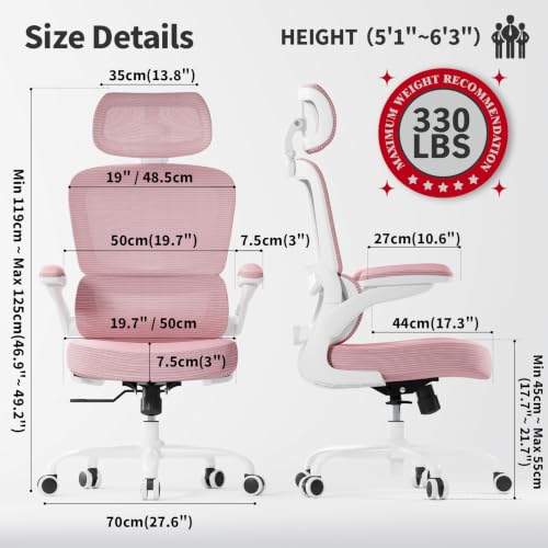Image of TRALT Ergonomic Office Chair - Desk Chair with Adjustable Headrest Lumbar Support Computer Chair - Mesh Comfy Chair with Flip-up Armrests - Gaming Chairs for Adults Home Office (Leather, Pink)