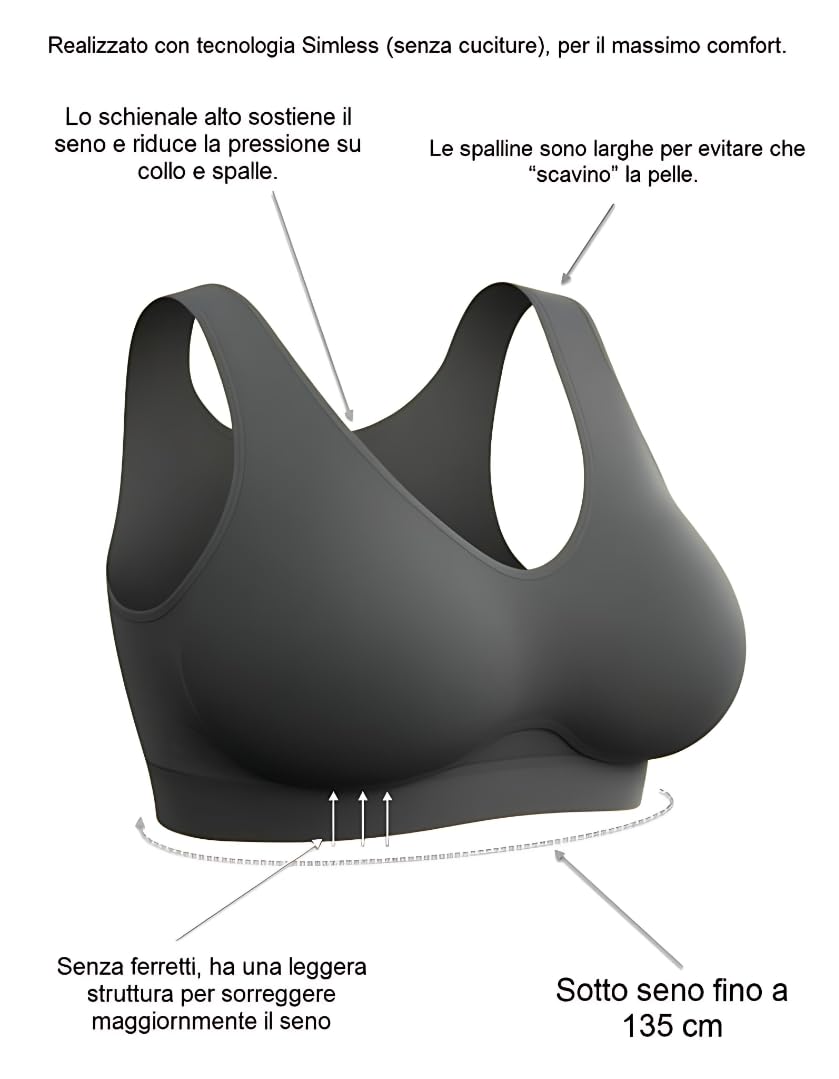 Plumpy Reggiseno Taglie Forti Donna Senza Ferretto con Sostegno | Fascia di compressione che da sostegno senza ferretto, schienale alto, spalline larghe. Sottoseno 85-135 cm. Made in Italy