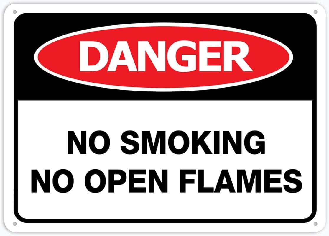 Danger No Smoking No Open Flames Rust Free Aluminum Tin Sign - Warning Decor with Pre-Drilled Holes for Indoor-Outdoor Lab, Fuel Storage, Chemical Zone - 8x12 Inch​