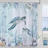 GCIREC Cortina de Ducha, Planta de Tortugas Marinas Náuticas Azul Turquesa Cortina de Baño de Tela Impermeable Lavable a Máquina con Ganchos