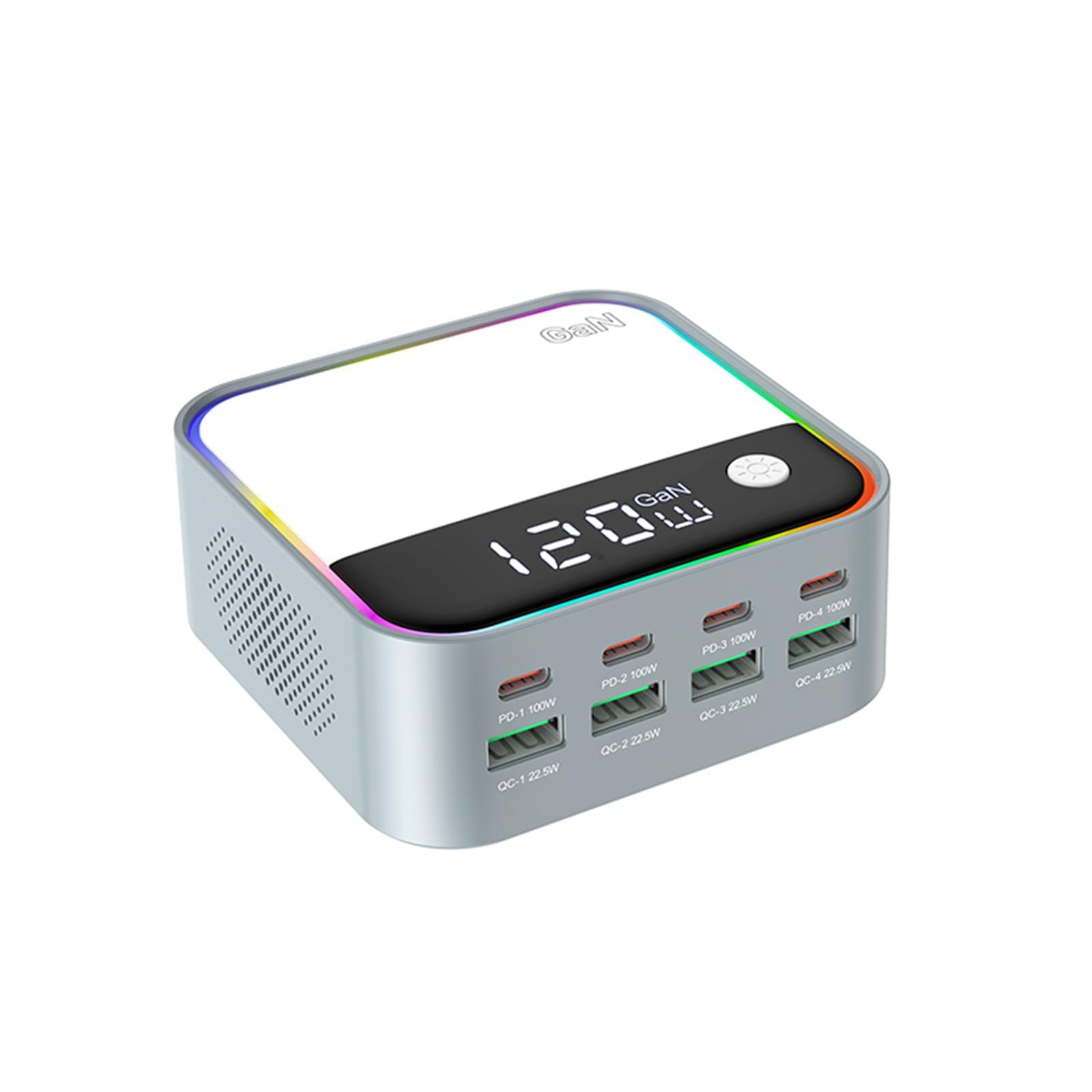 Caricatore da tavolo USB C da 120 W con ricarica rapida PD 100 W, display digitale e luce ambientale RGB per telefoni e laptop