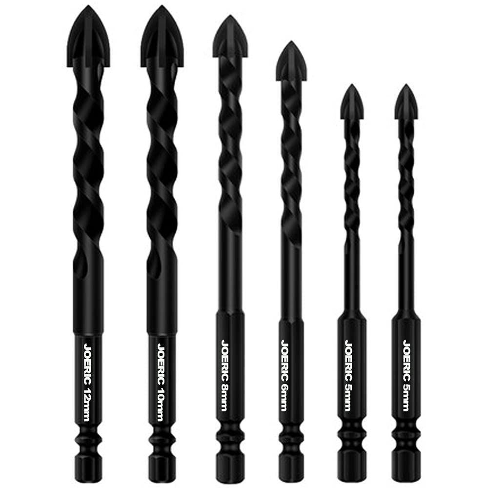 6PCS Ceramic Tile Drill Bits, JOERIC Masonry Drill Bits Set for Glass, Brick, Tile, Concrete, Plastic and Wood Tungsten Carbide Tip for Wall Mirror and Ceramic Tile with Size (5mm ~12mm).