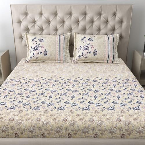 Image of Mafatlal 186 TC Spring Glory Pure Cotton King Size Bedsheet | 274 x 274 cm | Summer Flat Sheet for Relaxing Sleep Comfort | Includes 2 Pillow Covers | Nebulas Blue