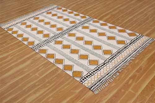 Tapis kilim fait main d'exception en coton beige doré 1,8m