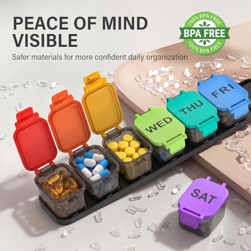 Image of Yaklim Extra Large Weekly Pill Organizer - Waterproof 7-Day Pill Box, Portable Vitamin & Supplement Case, Easy to Open Design, Ideal for Travel and Daily Medication Management (Rainbow, 2 Packs)