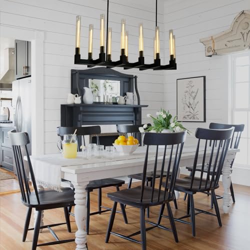 54 Inch Black Rectangular Chandeliers for Dining Room,12-Lights Modern Farmhouse Chandelier with Knurled Glass Tube,Black Copper Linear Chandeliers Dining Room Over Table Kitchen Island Pendant Light