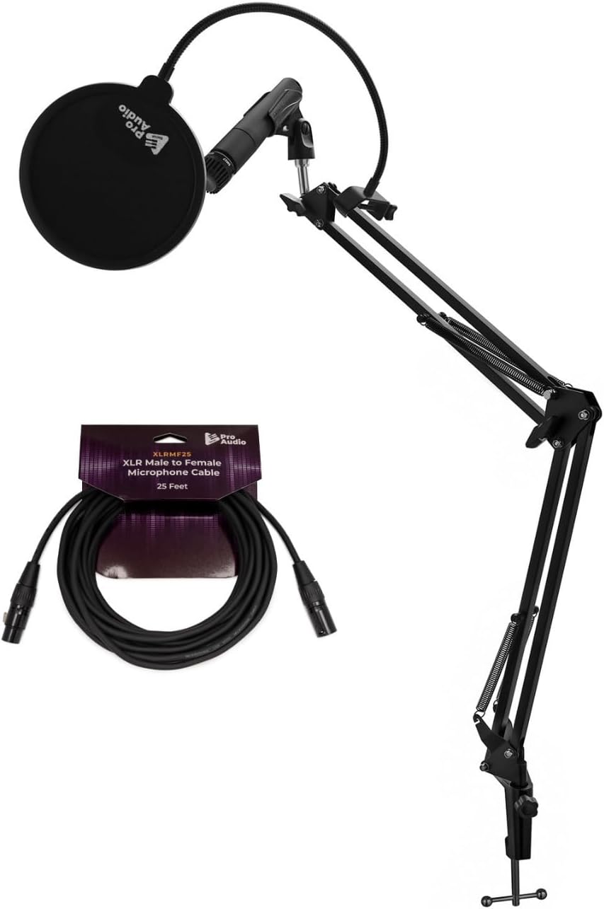 Shure SM57-LC Cardioid Dynamic Instrument Microphone Bundle with Boom Arm, Pop Filter and XLR Cable (4 Items)