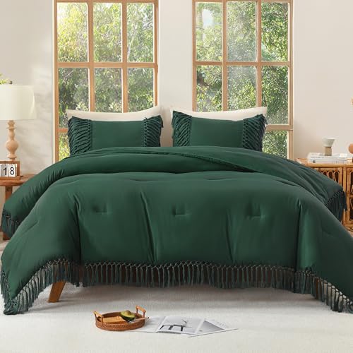 Image of Andency Emerald Dark Green Comforter Set King, 3 Pieces Boho Tassel Lightweight Vintage Soft Bedding Comforter for King Bed, All Season Fluffy Fringe Bed Set (104x90In Comforter & 2 Pillowcases)