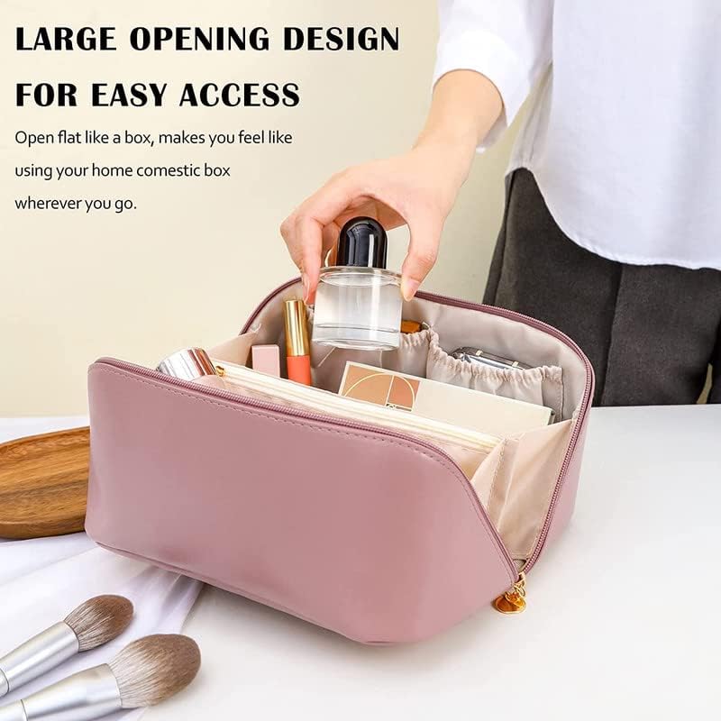 Cosmetic Bag for Women with 4 Compartments, PU Leather Makeup Organizer Pouch, Water-Resistant Travel Toiletry Bag with Double Zipper 2