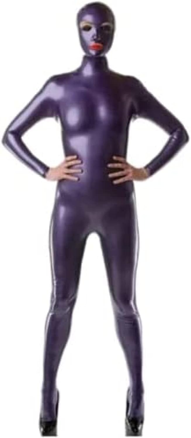 Women's Full Cover Latex Catsuit Rubber Body with Hood and Socks Back Zip Plus,Clear,3XL