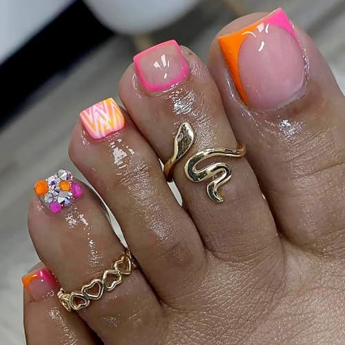 24 Pcs Summer Press On Pink Fake Toenails with Colorful Ripple Designs French Nails Rhinestone Stick On Reusable Acrylic Toenails for Women Manicure False Nails Kit