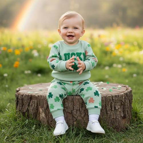 Image of Toddler Baby Boy Girl St Patricks Day Outfit Lucky Embroidery Waffle Long Sleeve Sweatshirt Pants Spring Clothes Set