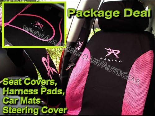13 Pc Pcs Piece Pink Black R Racing Logo Car Seat Covers Set+Mats+Steering Wheel Cover Glove+Harness Shoulder Pads Pack Package Deal