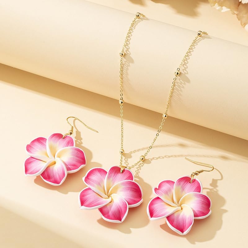 Pingyongchang Hawaiian Plumeria Polymer Clay Pendant Necklace Earrings Set Bohemian Handmade Flower Jewelry Set for Women Summer Beach Holiday Vacation Party Accessory Gift - Image 4