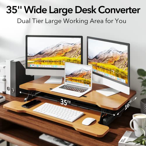Standing Desk Converter - 35''Wide Stand Up Desk Converter For Dual Monitor & Laptop W/Keyboard Tray,Sit To Stand Ergonomic Height Adjustable Riser Converter Computer Workstation For Home,Wooden Brown #TOP5