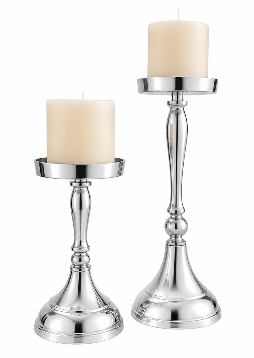 Pillar Candle Holders Silver Candlestick Holder for Pillar Set of 2, Metal Candle Stand Dinning Table Centerpiece for Wedding Party Christmas Decor Home