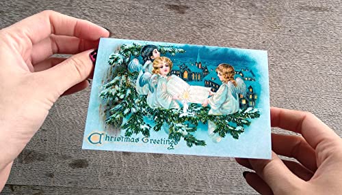 Image of PIXILUV CHRISTMAS ANGELS (Pack of 12) Notecards Small Greeting Cards # Holy Angels Christmas Greetings and Cheer ~ Vintage Christmas Postcards Reprint