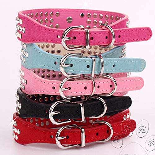 Haoyueer Cute Dazzling Sparkling Elegant Fancy Suede Leather 3 Rows Bling Rhinestone Crystal Jeweled Small Pet Cat Dog Puppy Collar(Hot Pink,S 20.5-27Cm) #TOP1