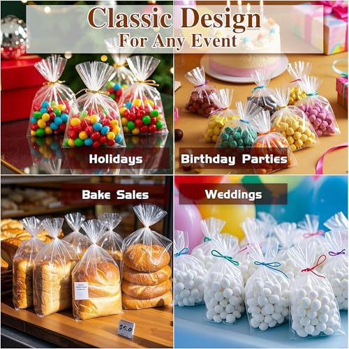 QOIUSO 100 Pcs Clear Cellophane Bags: 10x14 Inch Cellophane Treat Bags with Twist Ties for Candy Cookie Goodie Packing, Clear Plastic Gift Bags for Holiday Party Favors