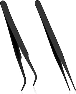 Tweezers for Crafting, 2 Pcs Stainless Steel Sticker Tweezers Kit Multipurpose Straight and Curved Tip Tweezers Small Jewelry Making Tools for DIY Intricate Projects, Cardmaking, Scrapbooking - Black